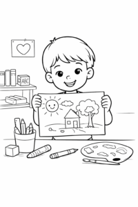 Criança orgulhosa mostrando um desenho pronto